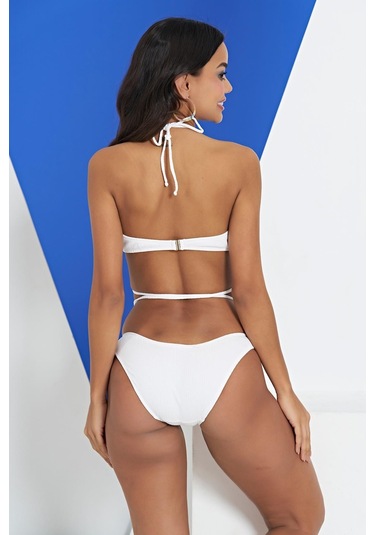 Ruko Maio 2315-1 Beyaz Çapraz İp Modelli Boyundan Bağlamalı Bikini 001