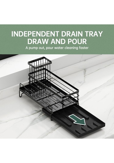 Yaozixa Paslanmaz Çelik Mutfak Sünger Tutucu - Ayarlanabilir Su Çıkışlı Ve Çıkarılabilir Fırça Askılı Siyah