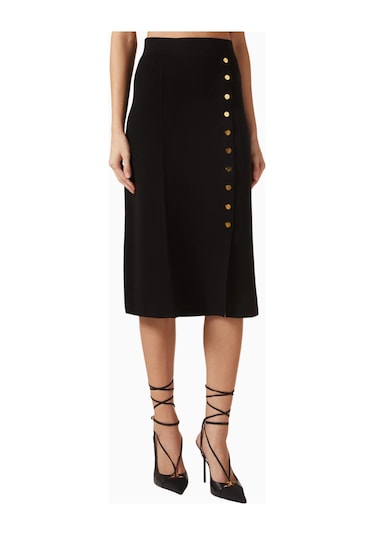 Elisabetta Franchi Triko Jewel Button Detaylı, Sofistike Midi Etek Siyah