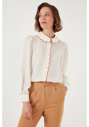 Lela Yaka Detaylı Regular Fit Şifon Bayan Gömlek 61114410 Taş-Kiremit
