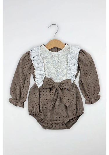 Kız Bebek Dantel Ve Kurdele Detaylı Tulum Kahverengi
