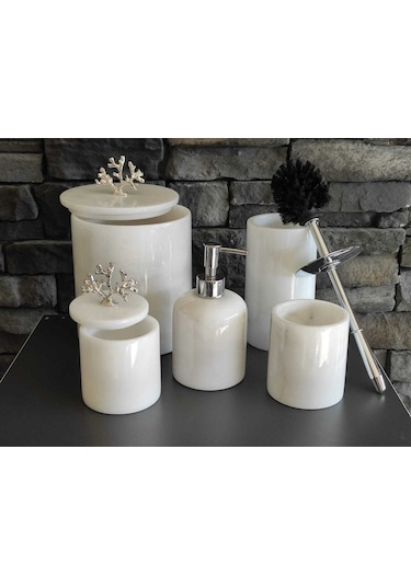 Beyaz Mermer Gümüş Renkli Mercan Aksesuarlı 5'li Banyo Seti Beyaz