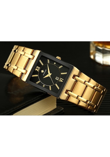 Yunboo Erkekler İçin Karesi Kadranlı Kuvars Saat - 30m Su Geçirmezlik Ve Takvim Özelliği - Paslanmaz Çelik Kordon - Model 8858 Siyah-gold Çok Renkli