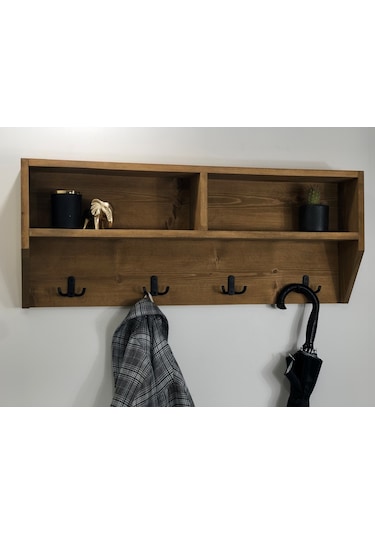 O&Awood Doğal Ahşap Vestiyer, Dekoratif 4 Askılı Portmanto, Raflı 2 Bölme (531870608)