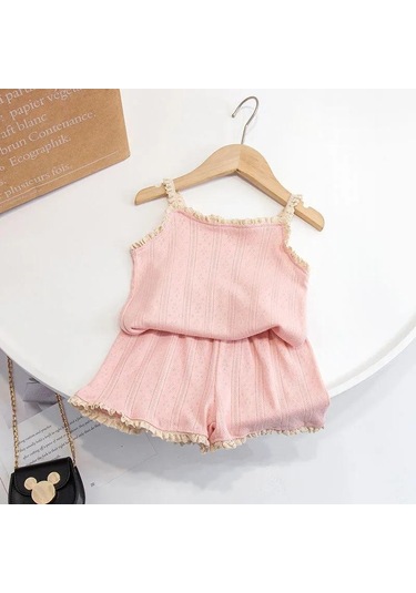 Pembe Kızların Ev Giyim Seti Çocuk Yaz Jartiyer Pijama Ince Kesit Bebek Yelek Klima Giyim Takım Elbise Ayı Nakış Pembe
