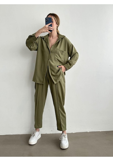 Kadın Oversize Keten Gömlek Pantolon Alt Üst Takım Haki