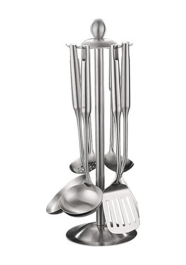 Paslanmaz Çelik Mutfak Eşyaları Tutucu Standı Raf Organizatör 360 Derece Dönen Carousel 6 Hooks Kaşık Dayanıklı Ve Amp Tencere Klipleri -