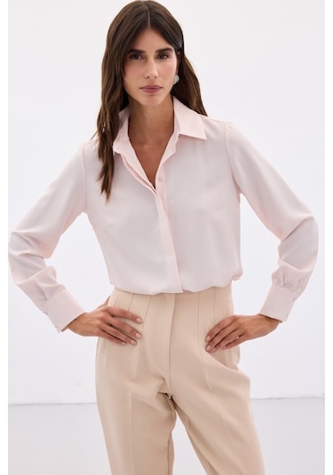 Sateen Klasik Düz Gömlek - Pudra-123674 Pudra