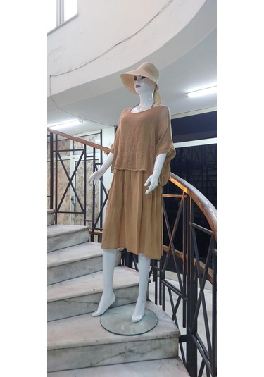 İtalyan Müslin Keteni Üstü File Bluzlu Astarlı Tek Parça Elbise Camel