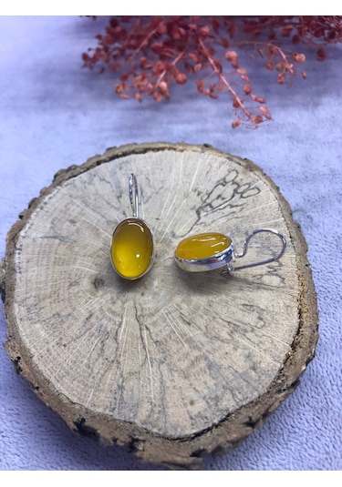 Sarı Akik Taşı Gümüş Küpe 925 Ayar Doğal Taş