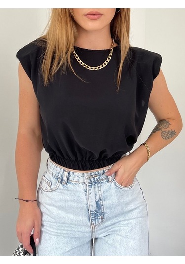 Omuzları Vatkalı Beli Lastikli Bluz -siyah Karışık