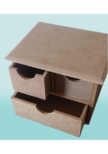 Hobi Adn Dekoratif Makyaj Kutusu 3 Çekmece Ahşap Mdf Ham El Yapım Açık Kahverengi