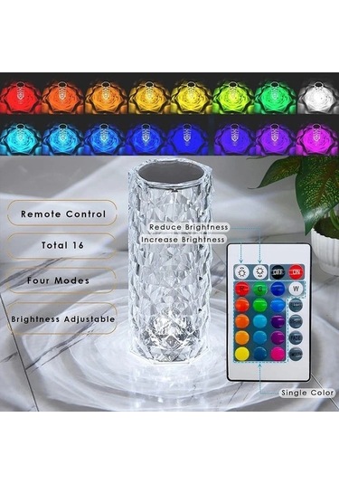 Kristal Elmas Masa Lambası 16 Renk Usb Şarjlı Dokunmatik Çok Renkli