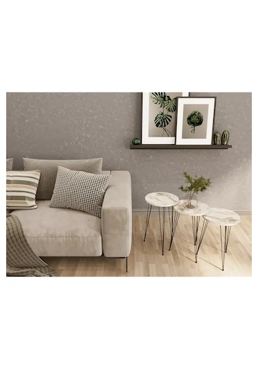 Zigon Sehpa 3'lü Yuvarlak Siyah Tel Ayaklı Beyaz Mermer