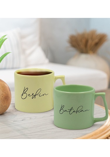 Bk Gift Kişiye Özel İsimli Pastel Sarı Ve Yeşil 2li Middle Kupa Bardak Seti-5, Sevgiliye Hediye, Ev Hediyesi, Arkadaşa Hediye Kobitmeyencom30002 Bk Gi