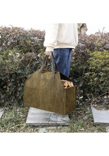 Pazly Dayanıklı Kanvas Odun Çantası, 18x22,4x9,4x11,2 İnç, Çamur Renk, Pratik Taşıma Tutucu