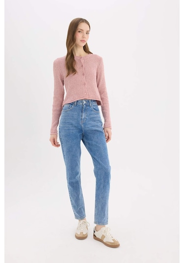 DeFacto Slim Fit Dar Kesim Bisiklet Yaka Düğmeli Triko Hırka E4613AX25SPPN81 Pembe