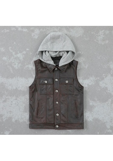 Kapüşonlu Hakiki Deri Yelek Acı Kahve
