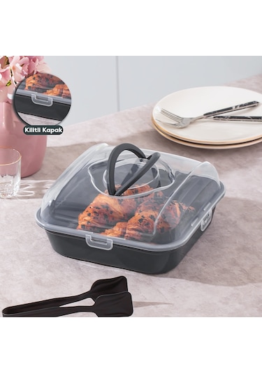 Porsima 1096 Pasta Kek Börek Kabı Kilitli Saklama Kabı Antrasit