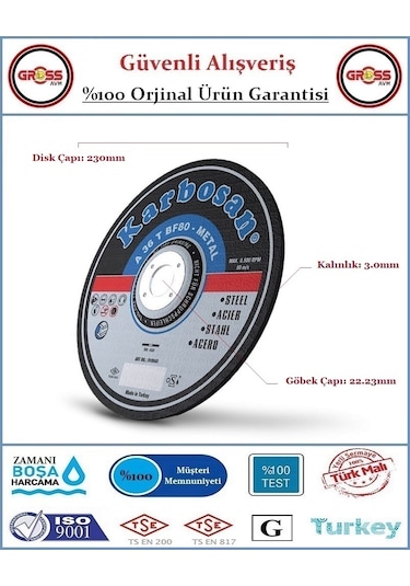 Karbosan Metal Kesme Disk Taşı - 230mm