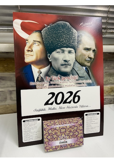 Ömür Takvim Atatürk Görselli 2.bölge 2026 Kartonlu Yapraklı Duvar Takvimi