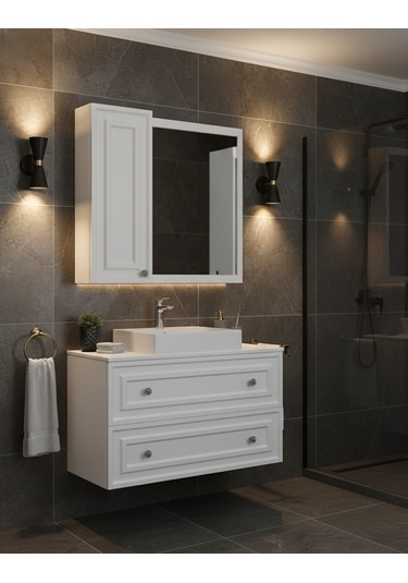 Perge 100 Cm Lavabo Dolabı Mat Beyaz Led Ayna Ve Ayna Yan Dolap Seti Taş