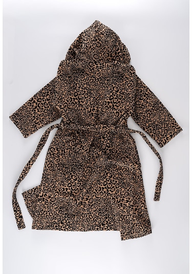 Soley Panthera %100 Pamuk Kadın / Erkek Bornoz Unisex Leopar Baskılı - Kahve Biyeli