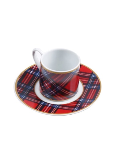 Kırmızı Ekose Türk Kahve Fincanı Beyaz - Kırmızı