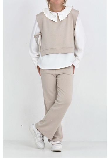 Kız Çocuk 3'lü Takım Pantolon+yelek+bluz 12429 Ekru