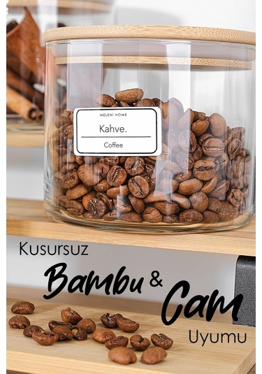 3'lü Etiketli Bambu Kapaklı Cam Baharatlık Seti - Baharat Saklama Kabı Vakum Kapaklı Kavanoz 535 Ml ŞEffaf