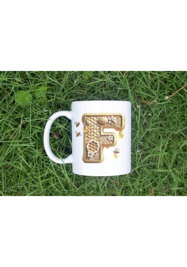 F Harfi Bal Arısı Tasarım Kupa Bardak - Bal Ve Petek Desenli Kişiye Özel Kahve Kupası - Hediyelik Beyaz