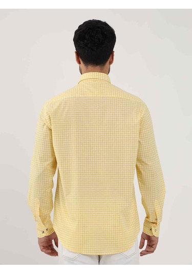 Dufy Sarı Erkek Regular Fit Kareli Brent Düğmeli Yaka Uzun Kol Gömlek - 102349-sarı Sarı