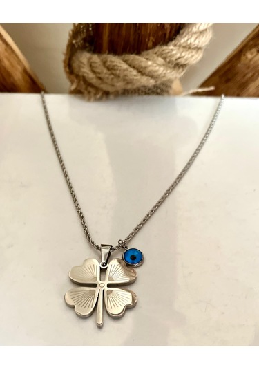 Gns Aksesuar 4 Yapraklı Yonca Nazarlık Detaylı Burgu Halat Zincir Kolye Gümüş