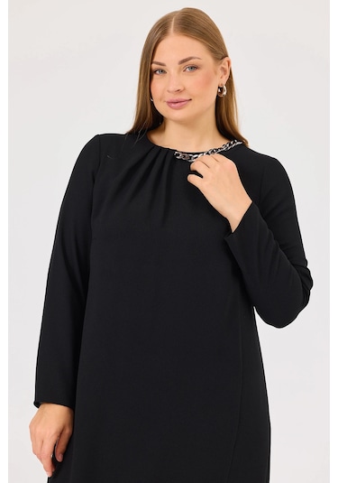 Galaxi Kadın Büyük Beden Aksesuarlı Elbise 4003 Siyah Siyah