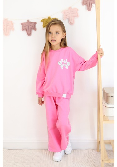 Kız Çocuk Hello Fun Baskılı İspanyol Paça İki İplik Eşofman Takımı Koyu Pembe