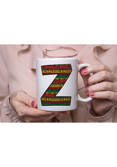 Z Harfi Etnik Desenli Kupa - Afrika Tarzı Kahve Çay Kupası - Hediyelik - Black History Beyaz