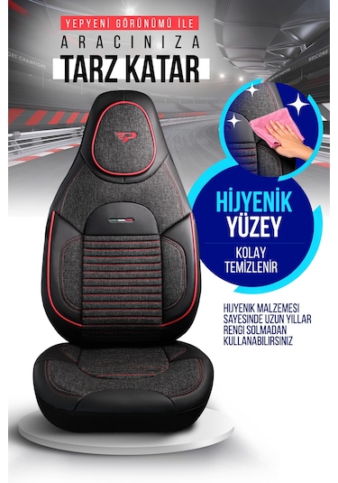 Füme - Kırmızı Panda Enzo Serisi Keten Kumaş Oto Koltuk Kılıfı - Tam Set