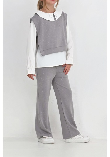 Kız Çocuk 3'lü Takım Pantolon+yelek+bluz 12429 Gri