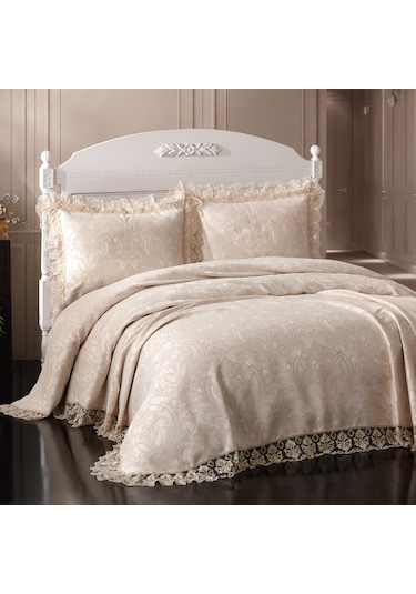 Birhome Violet Dantelli Çift Kişilik Yatak Örtüsü Takımı Kahve Kahverengi