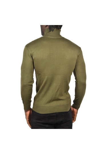 Deepsea Erkek Haki Çizgi Desenli Slim Kesim Tam Balıkçı Yaka Triko Boğazlı Kazak 2505509 Haki