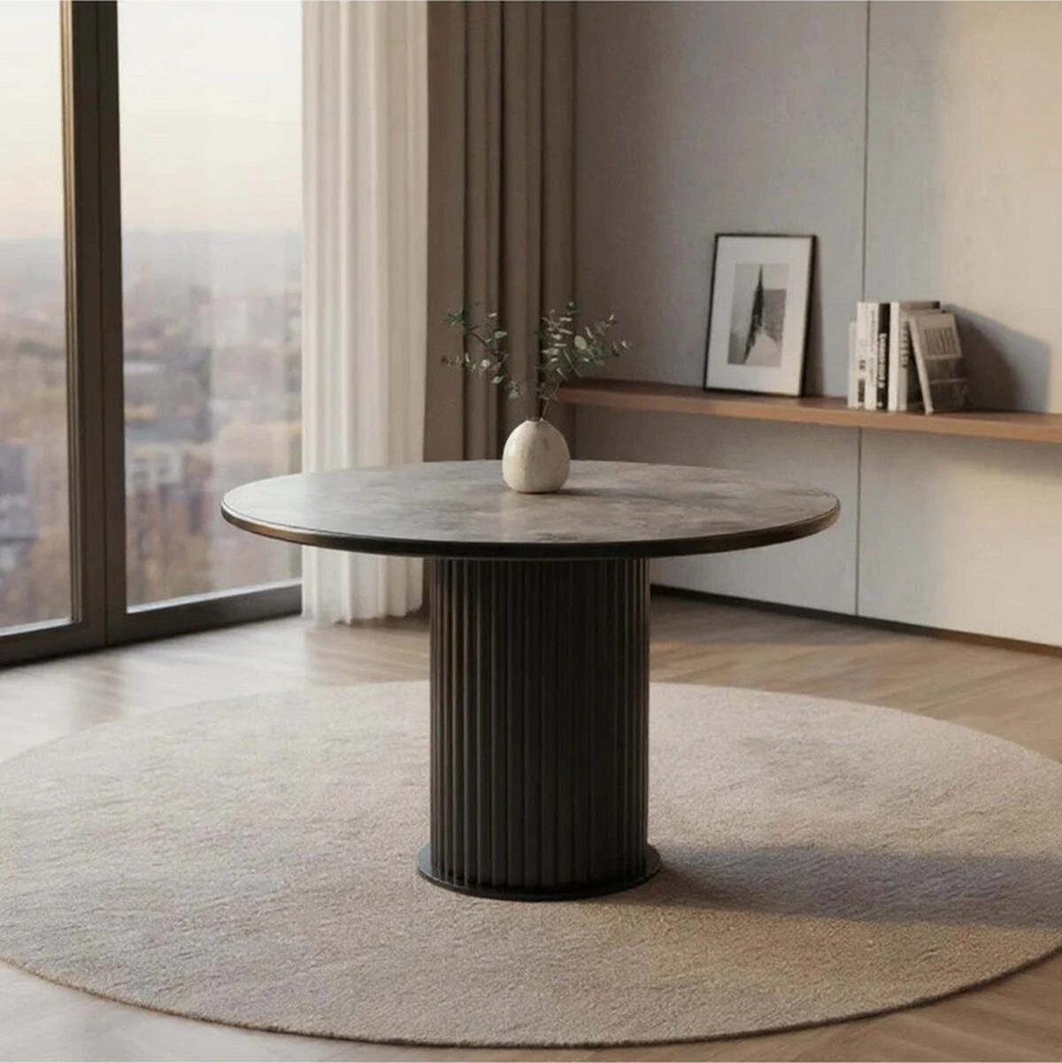 Dengema İstanbul 88 Yuvarlak Masa Takımı Gri Mermer Siyah Ayak, 4 Kapuçino Sandalyeli, Ø120 Cm Gri Mermer - Siyah Ayak