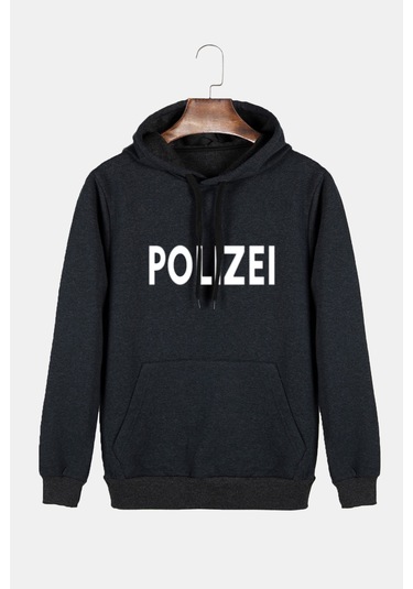 Unisex Antrasit Kapüşonlu Polizei Baskılı Slim Fit Kanguru Cepli Sweatshirt Antrasit