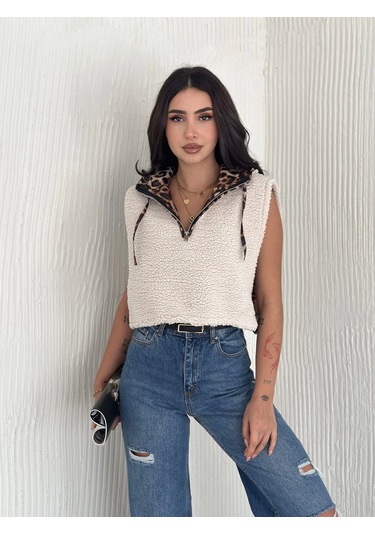 Biçomi Astarlı Kapşonlu Kuzu Yelek Beyaz T1243 Beyaz