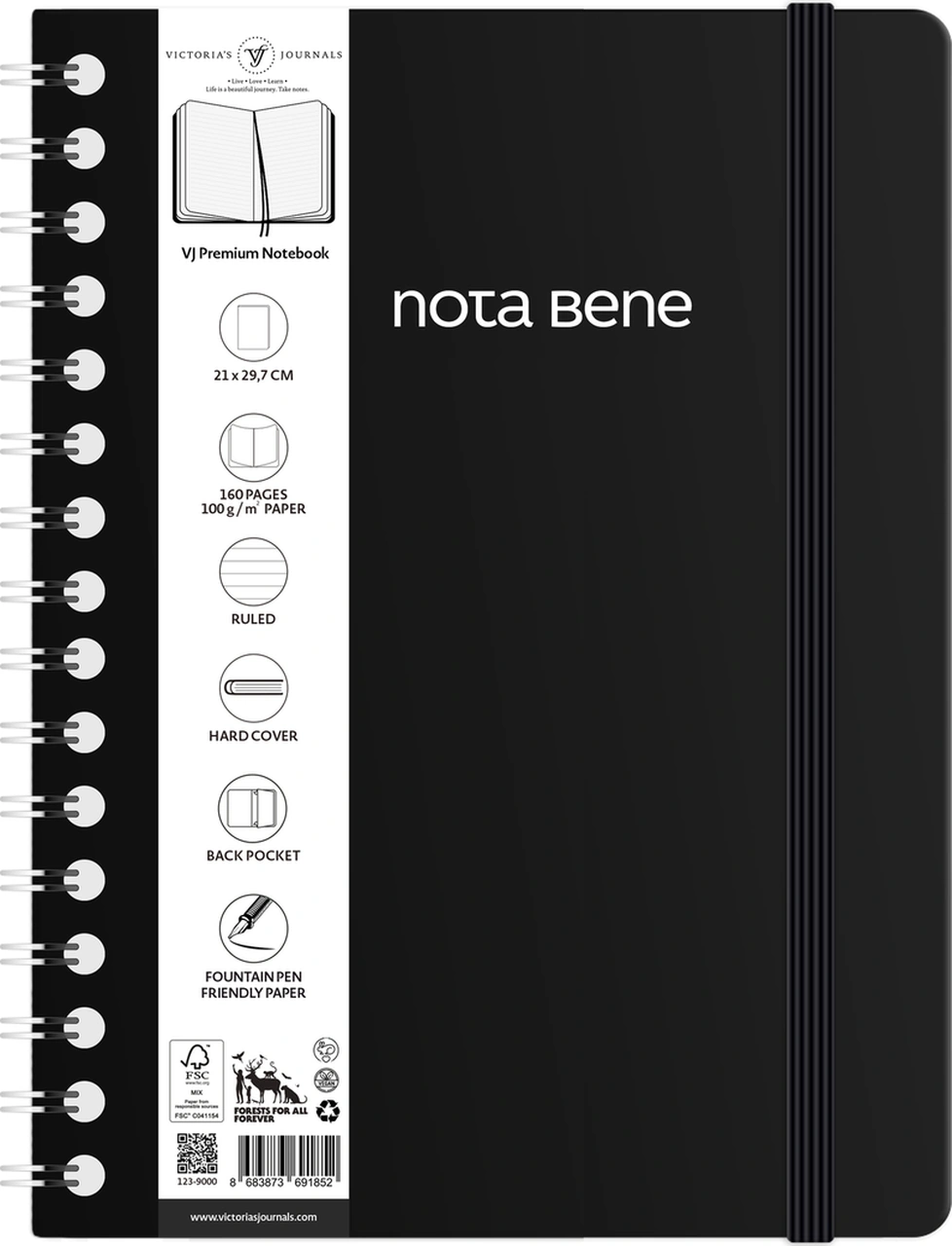 Nota Bene Spiralli Premium Sert Kapak Defter, 21x29,7 Cm, Çizgili Siyah