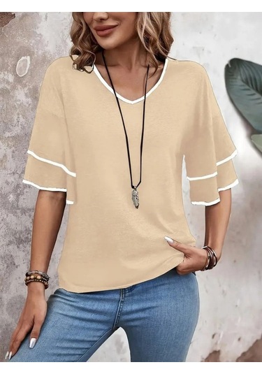 Modaserdem Kadın Kısa Kollu V Yakalı Viskon Bluz Bej