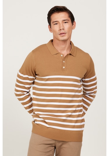 AC&Co / Altınyıldız Classics Erkek Vızon-ekru Standart Fit Normal Kesim Polo Yaka Çizgili Triko Kazak Vizon - Ekru AC&Co / Altınyıldız Classics Erkek Vızon-ekru Standart Fit Normal Kesim Polo Yaka Çizgili Triko Kazak Vizon - Ekru