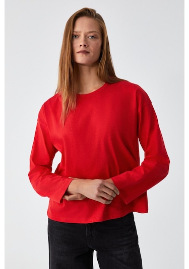 GRIMELANGE Basıl Kadını Oversize %100 Organik Pamuk Örme Uzun Kol Kırmızı T-shirt Kırmızı