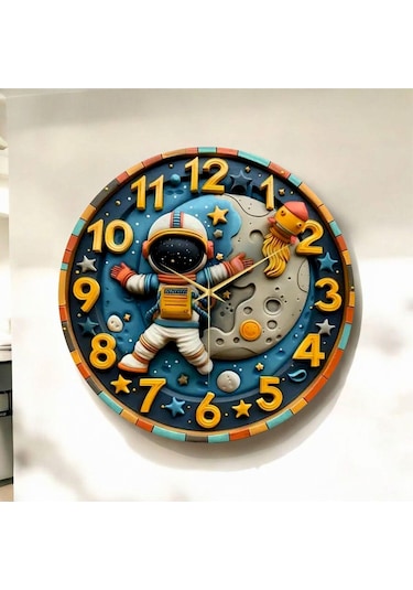 Renkli Baskı Astronot Uzay Çocuk Desenli Sayılı Hediyelik Ahşap Sessiz Duvar Saati 50cm ÇOk Renkli