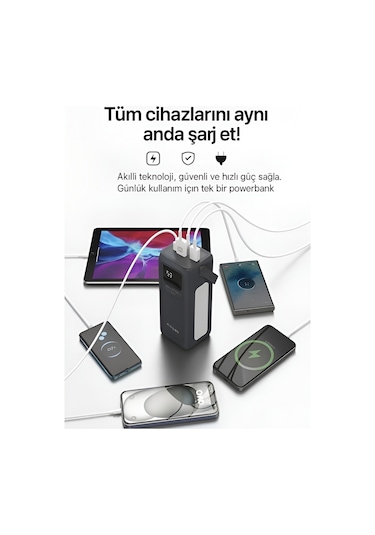 50000mah 22.5w Hızlı Şarj 4xusb 1xtype-c 1xmicro Led Işıklı Dahili Kablolu Çoklayıcı Powerbank Koyu Gri
