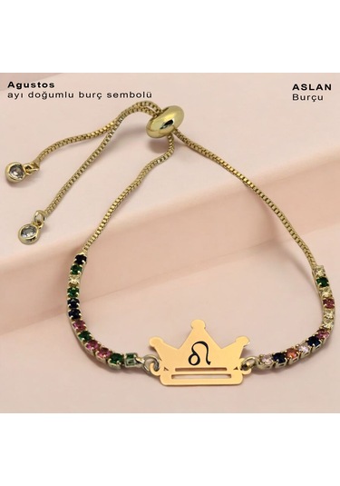 Ağustos Ayı Doğumlarına 14 Ayar Altın Plakalı Renkli Taş Desenli Taç Motifli Hediye Bileklik-489ay Ağustos